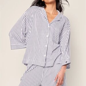 Petite Plume - The Olivia Wide Leg Pima Pajama Set in Navy French Ticking